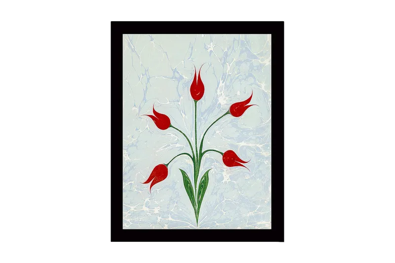 Indrammet lærredstryk i træ - 41x56 cm - Røde tulipaner med grønne stilke på en lyseblå baggrund, Rød / Grøn / Lyseblå