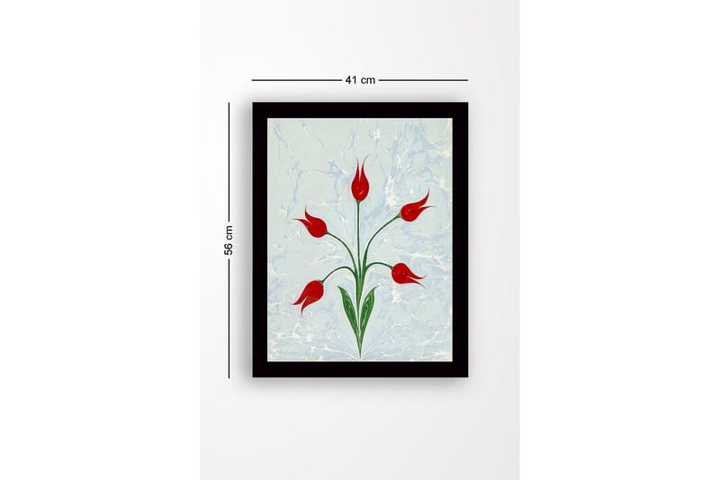 Indrammet lærredstryk i træ - 41x56 cm - Røde tulipaner med grønne stilke på en lyseblå baggrund - Rød / Grøn / Lyseblå - Boligtilbehør - Billeder & kunst