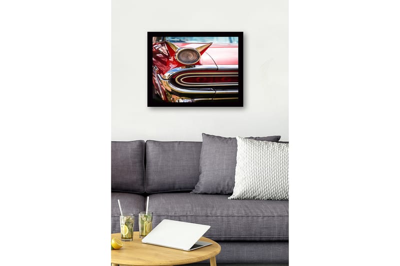 Indrammet lærredstryk i træ - 41x56 cm - Retrobil med karakteristiske detaljer og skinnende krom - Rød / Krom / Guld - Boligtilbehør - Billeder & kunst