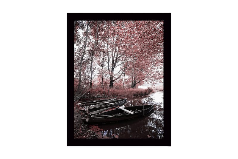 Indrammet lærredstryk i træ - 41x56 cm - Ro ved en spejlblank sø med både og efterårsfarver, Rød / Sort / Grå