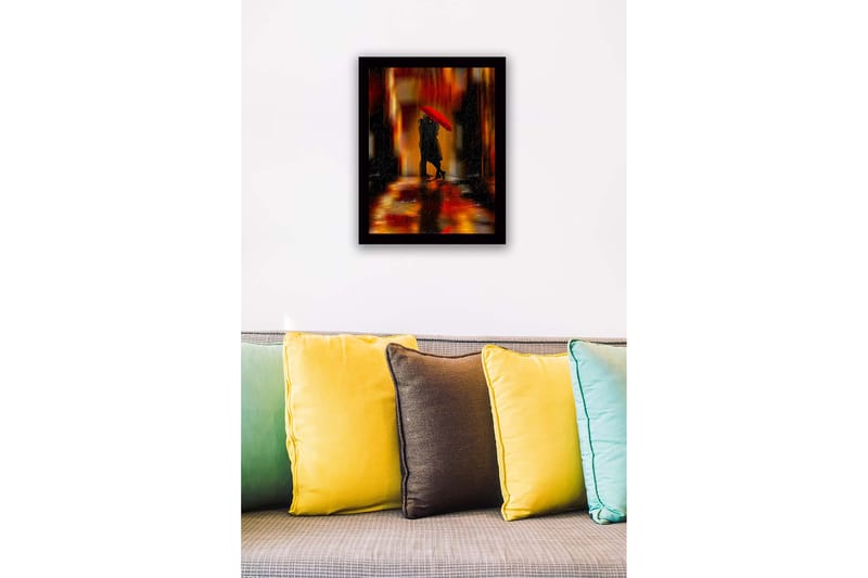 Indrammet lærredstryk i træ - 41x56 cm - Romantisk scene med par under en rød paraply - Rød / Orange / Sort - Boligtilbehør - Billeder & kunst