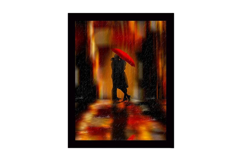 Indrammet lærredstryk i træ - 41x56 cm - Romantisk scene med par under en rød paraply, Rød / Orange / Sort