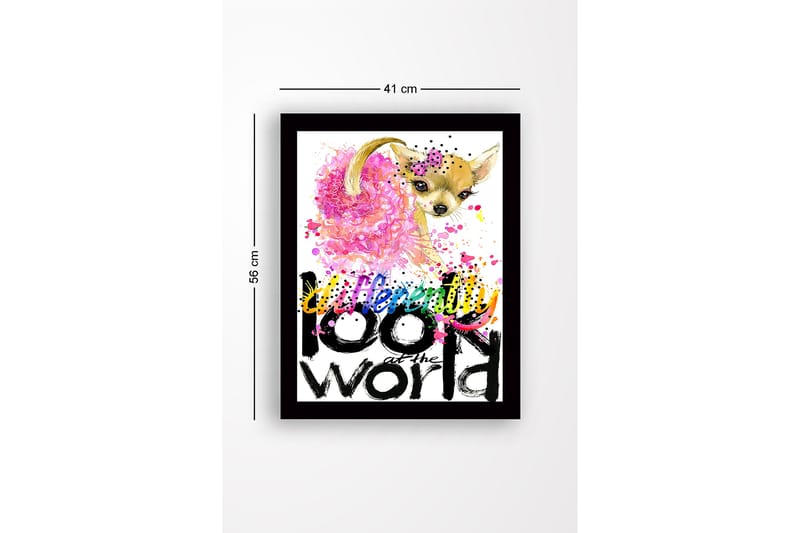 Indrammet lærredstryk i træ - 41x56 cm - Sød chihuahua med farverig baggrund og inspirerende tekst - Lyserød / Sort / Gul - Boligtilbehør - Billeder & kunst