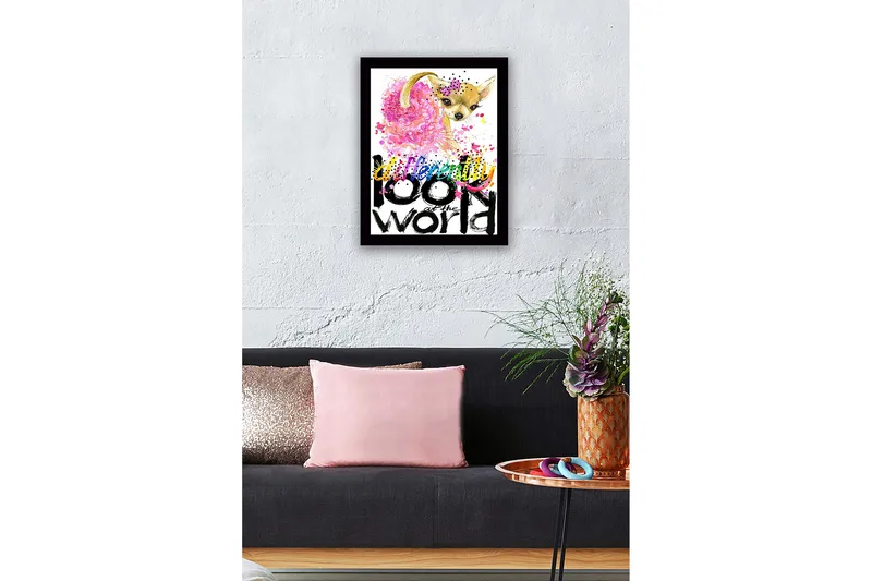 Indrammet lærredstryk i træ - 41x56 cm - Sød chihuahua med farverig baggrund og inspirerende tekst - Lyserød / Sort / Gul - Boligtilbehør - Billeder & kunst