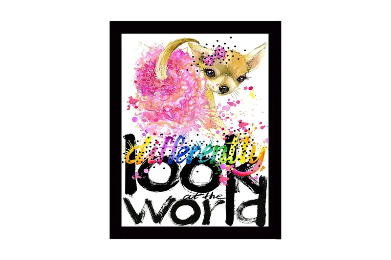 Indrammet lærredstryk i træ - 41x56 cm - Sød chihuahua med farverig baggrund og inspirerende tekst, Lyserød / Sort / Gul