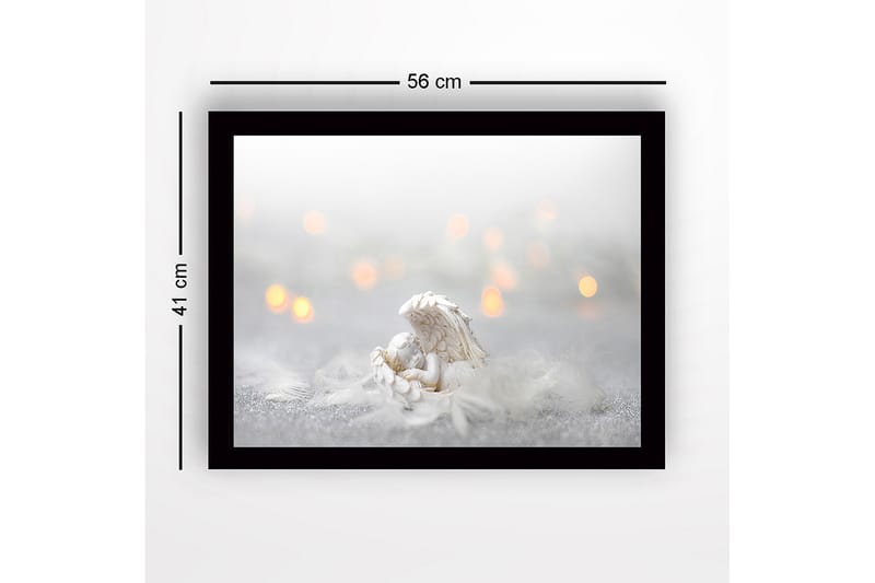 Indrammet lærredstryk i træ - 41x56 cm - Sød engel hviler i en fjerseng - Hvid / Lysegrå / Guld - Boligtilbehør - Billeder & kunst