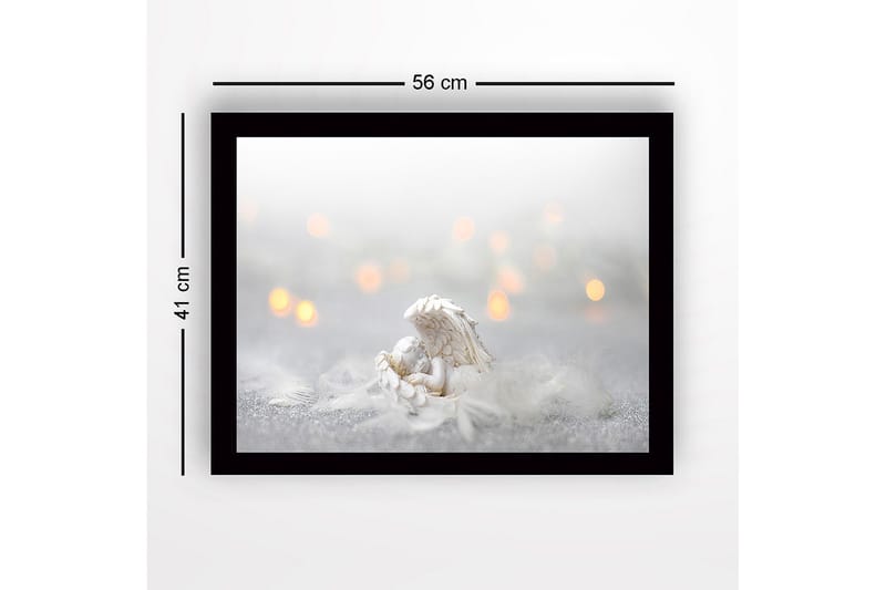 Indrammet lærredstryk i træ - 41x56 cm - Sød engel hviler i en fjerseng - Hvid / Lysegrå / Guld - Boligtilbehør - Billeder & kunst