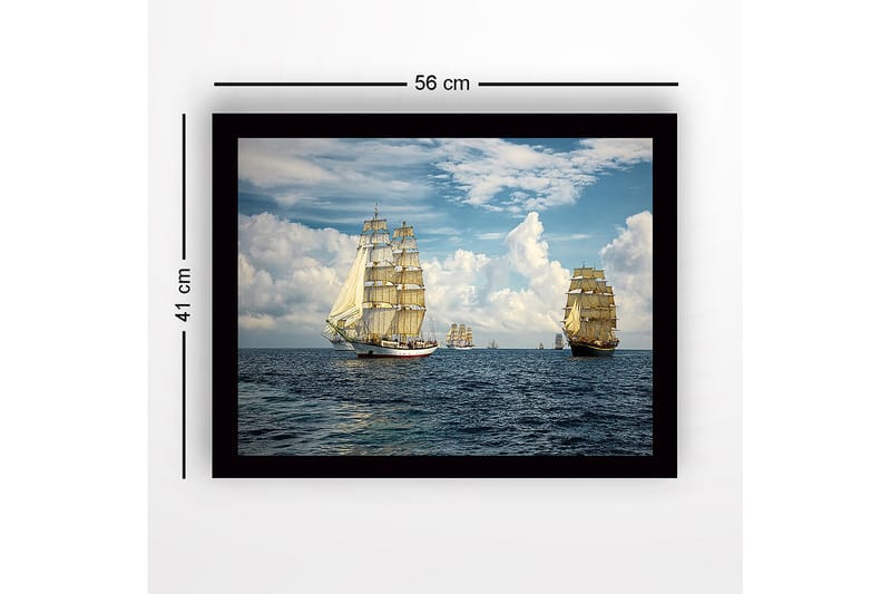 Indrammet lærredstryk i træ - 41x56 cm - Sejlbåde på åbent hav under en klar himmel - Blå / Hvid / Beige - Boligtilbehør - Billeder & kunst