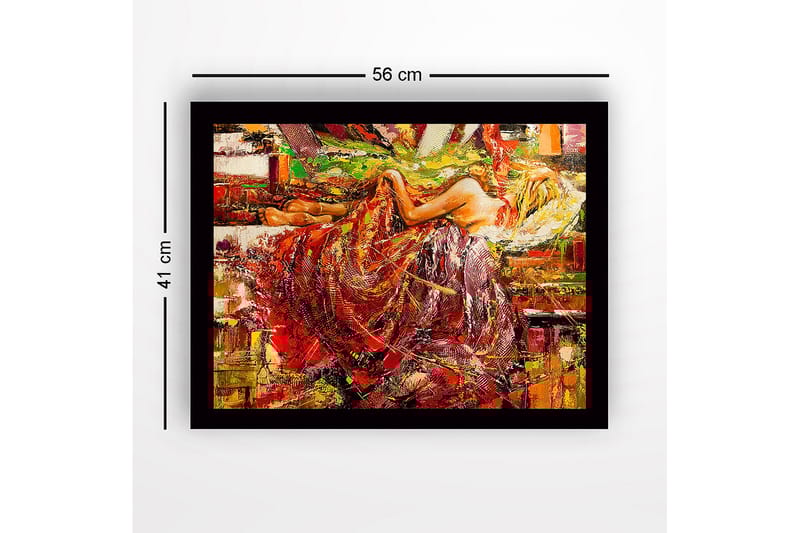 Indrammet lærredstryk i træ - 41x56 cm - Sensuel kvinde i farverig kjole hviler på en sofa - Rød / Gul / Grøn - Boligtilbehør - Billeder & kunst