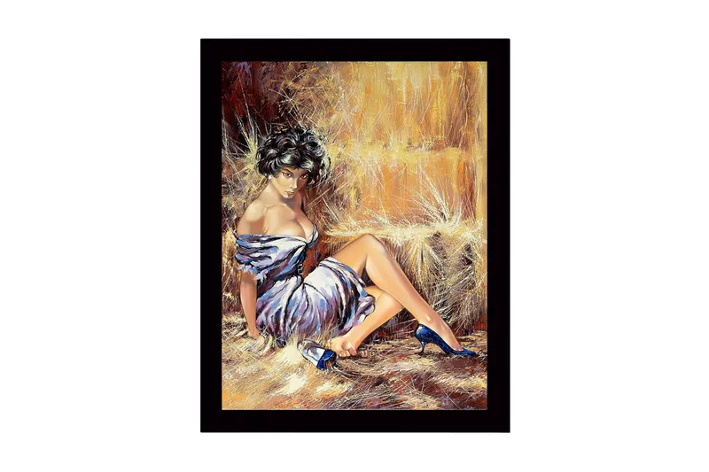 Indrammet lærredstryk i træ - 41x56 cm - Sensuel kvinde i hvid kjole med blå sko, Hvid / Blå / Beige