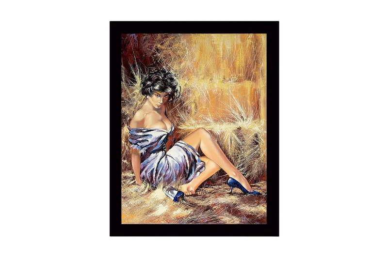 Indrammet lærredstryk i træ - 41x56 cm - Sensuel kvinde i hvid kjole med blå sko, Hvid / Blå / Beige