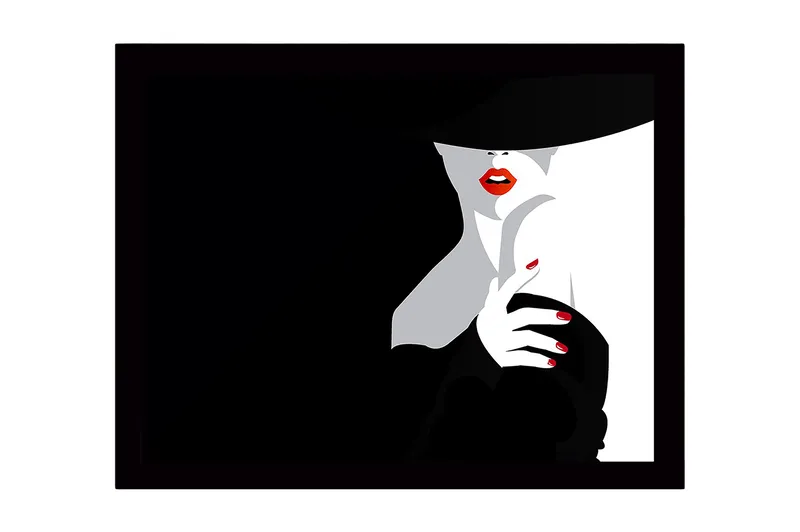 Indrammet lærredstryk i træ - 41x56 cm - Sensuel kvinde med rød læbestift og sort hat, Sort / Hvid / Rød