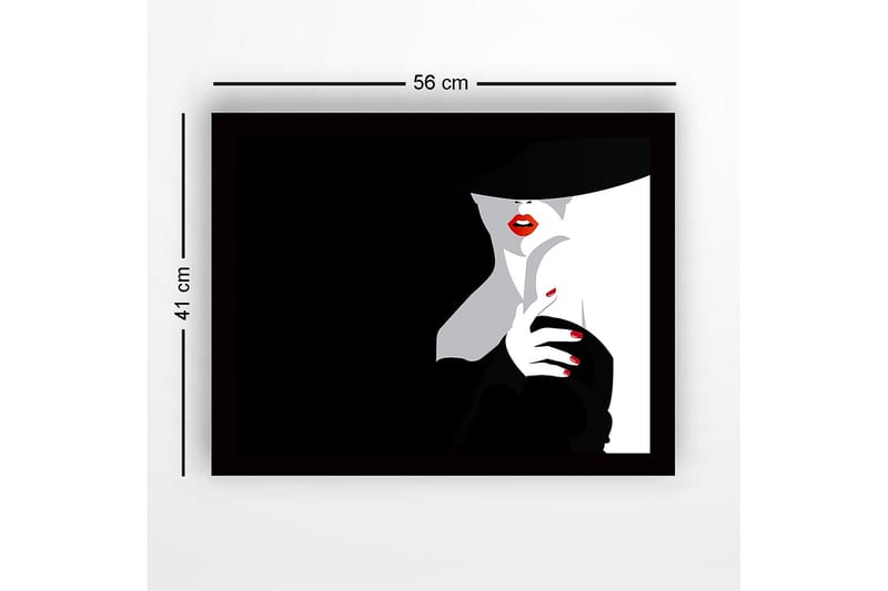 Indrammet lærredstryk i træ - 41x56 cm - Sensuel kvinde med rød læbestift og sort hat - Sort / Hvid / Rød - Boligtilbehør - Billeder & kunst