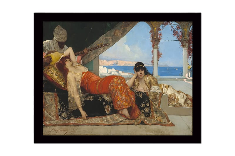 Indrammet lærredstryk i træ - 41x56 cm - Sensuel samling af kvinder i orientalsk tøj, Rød / Guld / Sort