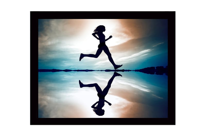 Indrammet lærredstryk i træ - 41x56 cm - Silhuet af en løber i bevægelse over en spejllignende overflade, Mørkeblå / Orange / Lyseblå