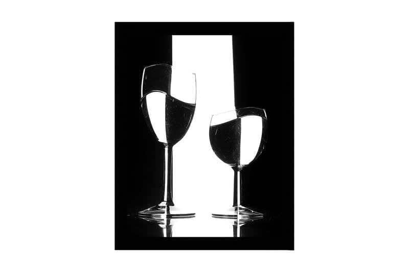 Indrammet lærredstryk i træ - 41x56 cm - Silhuet af to vinglas med refleksioner i en minimalistisk komposition, Sort / Hvid / Gennemsigtig