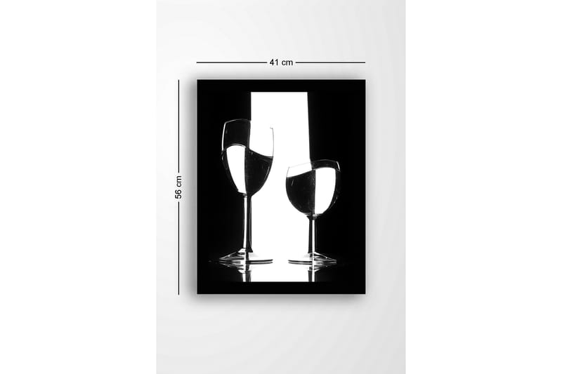 Indrammet lærredstryk i træ - 41x56 cm - Silhuet af to vinglas med refleksioner i en minimalistisk komposition - Sort / Hvid / Gennemsigtig - Boligtilbehør - Billeder & kunst