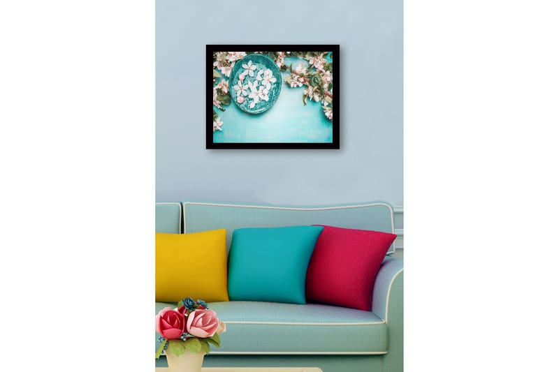 Indrammet lærredstryk i træ - 41x56 cm - Skål med blomster på turkis baggrund - Turkis / Hvid / Grøn - Boligtilbehør - Billeder & kunst
