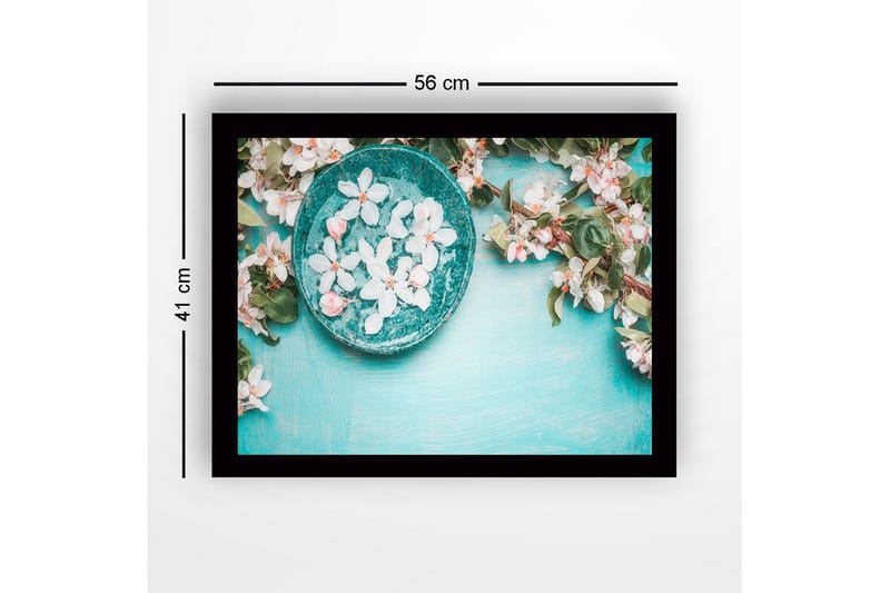 Indrammet lærredstryk i træ - 41x56 cm - Skål med blomster på turkis baggrund - Turkis / Hvid / Grøn - Boligtilbehør - Billeder & kunst