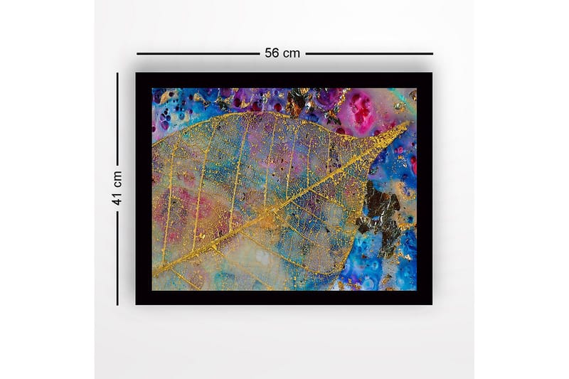 Indrammet lærredstryk i træ - 41x56 cm - Skinnende guldblade mod en farverig baggrund af blå og lilla - Guld / Blå / Lilla - Boligtilbehør - Billeder & kunst