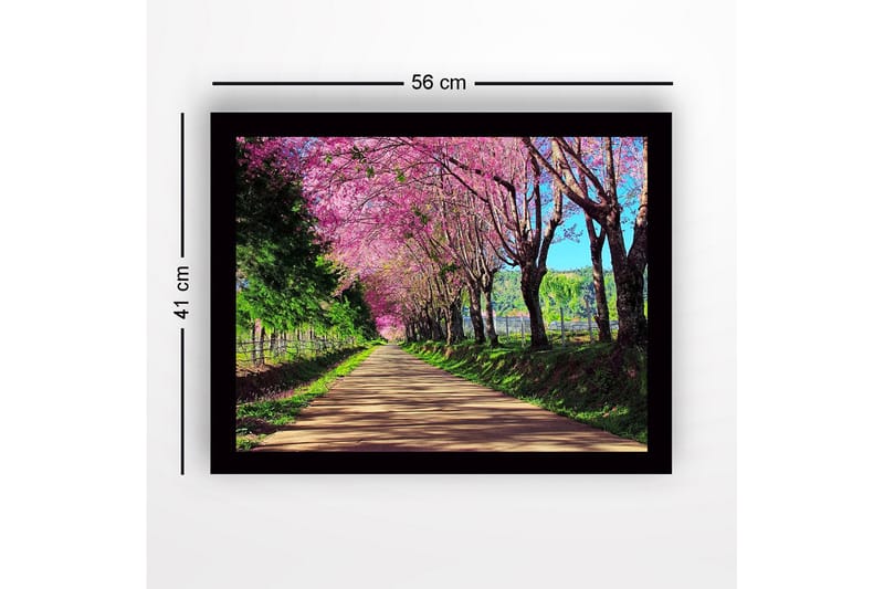 Indrammet lærredstryk i træ - 41x56 cm - Smuk allé med blomstrende kirsebærtræer i lyserøde nuancer - Lyserød / Grøn / Brun - Boligtilbehør - Billeder & kunst
