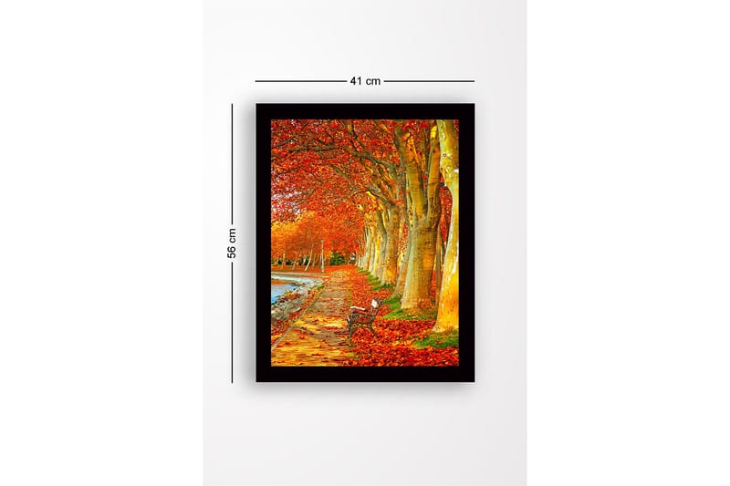 Indrammet lærredstryk i træ - 41x56 cm - Smuk allé med efterårsfarvede træer og en bænk langs en gangsti - Orange / Guld / Grøn - Boligtilbehør - Billeder & kunst
