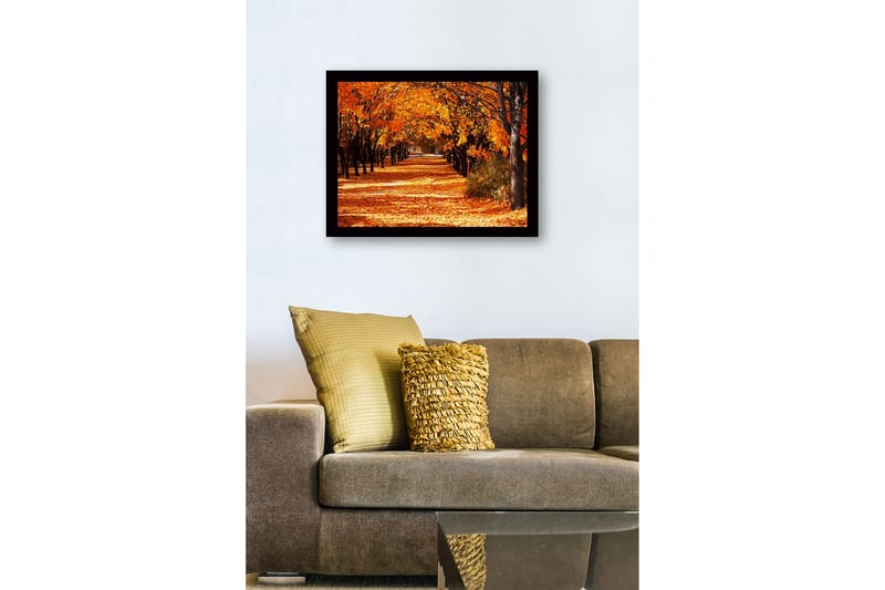 Indrammet lærredstryk i træ - 41x56 cm - Smuk allé med efterårsfarvede træer - Orange / Guld / Brun - Boligtilbehør - Billeder & kunst