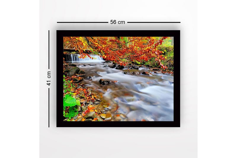 Indrammet lærredstryk i træ - 41x56 cm - Smuk bæk med efterårsfarver og rindende vand - Orange / Grøn / Brun - Boligtilbehør - Billeder & kunst