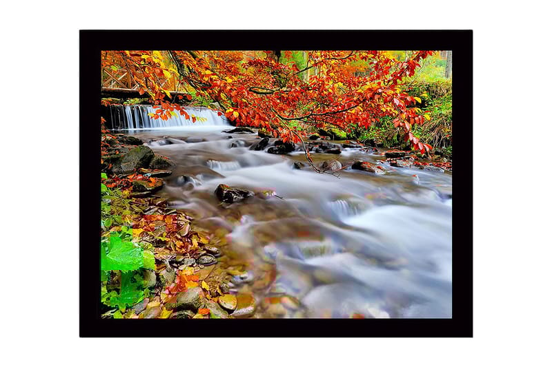 Indrammet lærredstryk i træ - 41x56 cm - Smuk bæk med efterårsfarver og rindende vand, Orange / Grøn / Brun