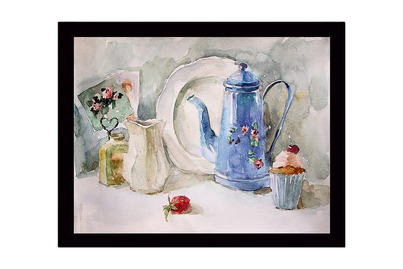 Indrammet lærredstryk i træ - 41x56 cm - Smuk borddækning med en blå kande og kager, Blå / Hvid / Grøn