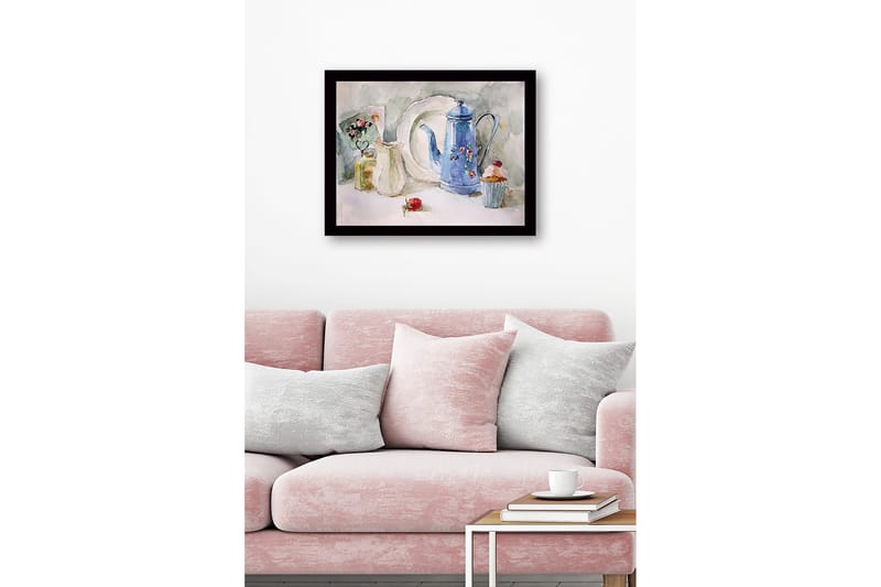 Indrammet lærredstryk i træ - 41x56 cm - Smuk borddækning med en blå kande og kager - Blå / Hvid / Grøn - Boligtilbehør - Billeder & kunst