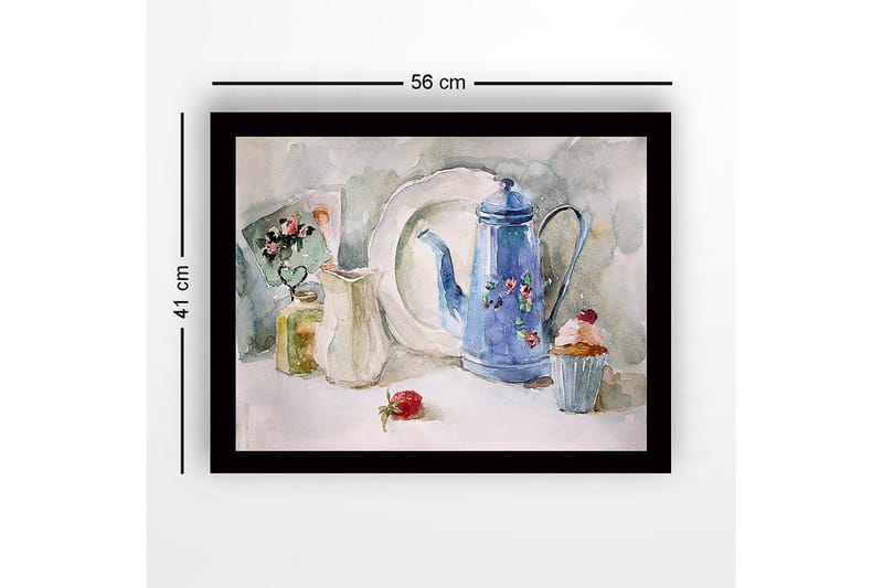 Indrammet lærredstryk i træ - 41x56 cm - Smuk borddækning med en blå kande og kager - Blå / Hvid / Grøn - Boligtilbehør - Billeder & kunst