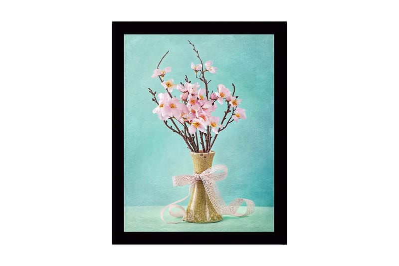 Indrammet lærredstryk i træ - 41x56 cm - Smuk buket lyserøde blomster i en keramikvase, Lyserød / Grøn / Turkis