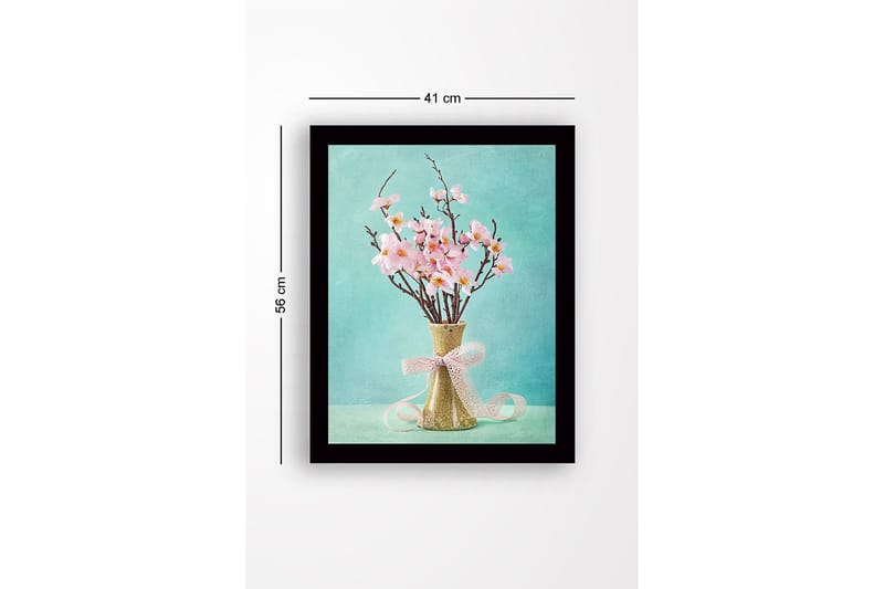 Indrammet lærredstryk i træ - 41x56 cm - Smuk buket lyserøde blomster i en keramikvase - Lyserød / Grøn / Turkis - Boligtilbehør - Billeder & kunst