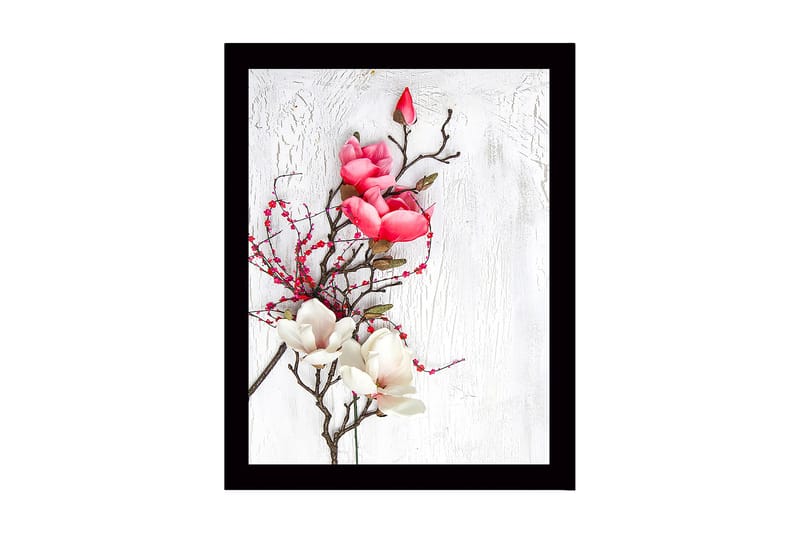 Indrammet lærredstryk i træ - 41x56 cm - Smuk buket magnoliaer i pink og hvid, Lyserød / Hvid