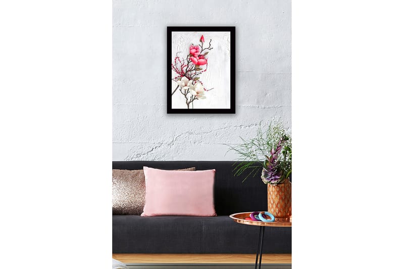 Indrammet lærredstryk i træ - 41x56 cm - Smuk buket magnoliaer i pink og hvid - Lyserød / Hvid - Boligtilbehør - Billeder & kunst