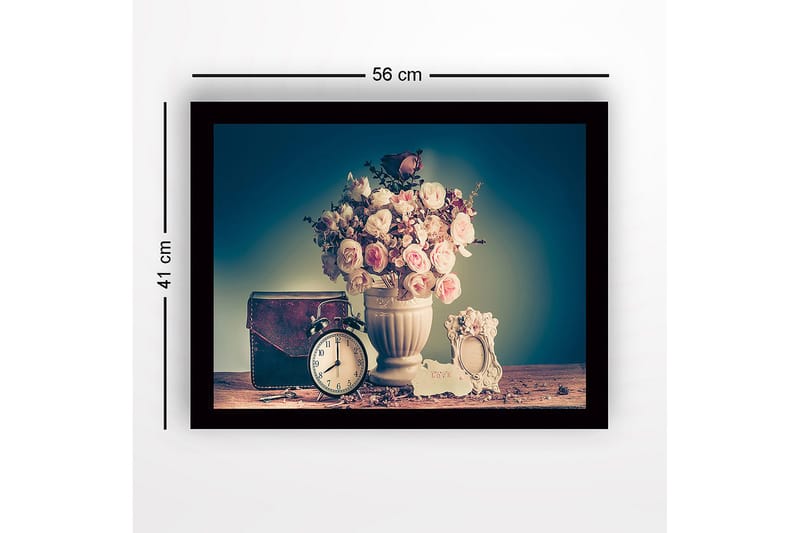 Indrammet lærredstryk i træ - 41x56 cm - Smuk buket roser i en hvid vase - Lyserød / Hvid / Brun - Boligtilbehør - Billeder & kunst