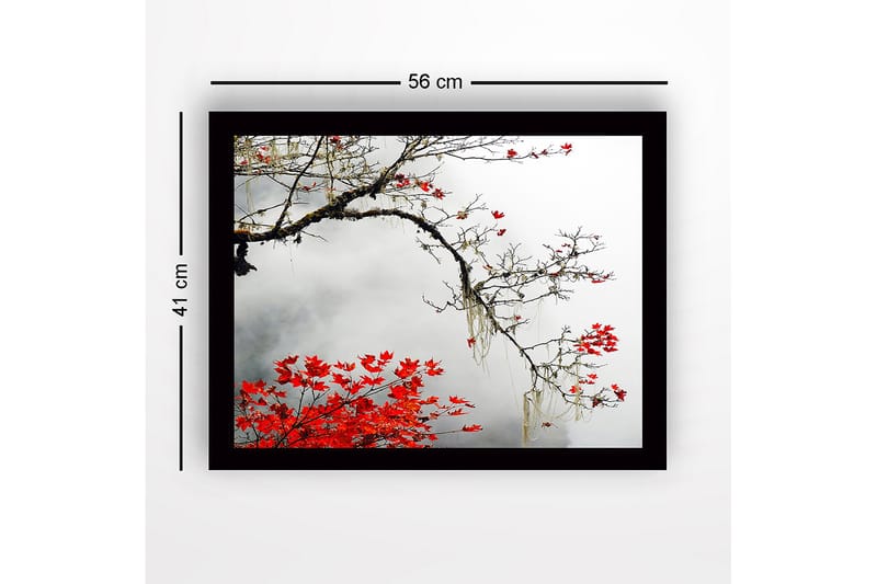 Indrammet lærredstryk i træ - 41x56 cm - Smuk gren med røde efterårsblade mod en tåget baggrund - Rød / Grå / Brun - Boligtilbehør - Billeder & kunst