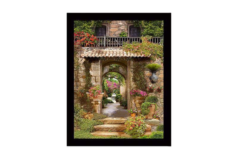 Indrammet lærredstryk i træ - 41x56 cm - Smuk have med blomsterarrangementer og stenarkitektur, Grøn / Lyserød / Beige
