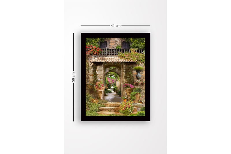 Indrammet lærredstryk i træ - 41x56 cm - Smuk have med blomsterarrangementer og stenarkitektur - Grøn / Lyserød / Beige - Boligtilbehør - Billeder & kunst