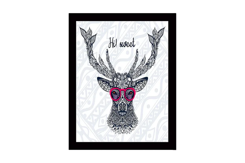 Indrammet lærredstryk i træ - 41x56 cm - Smuk hjort med briller og detaljeret mønster, Mørkeblå / Pink / Hvid