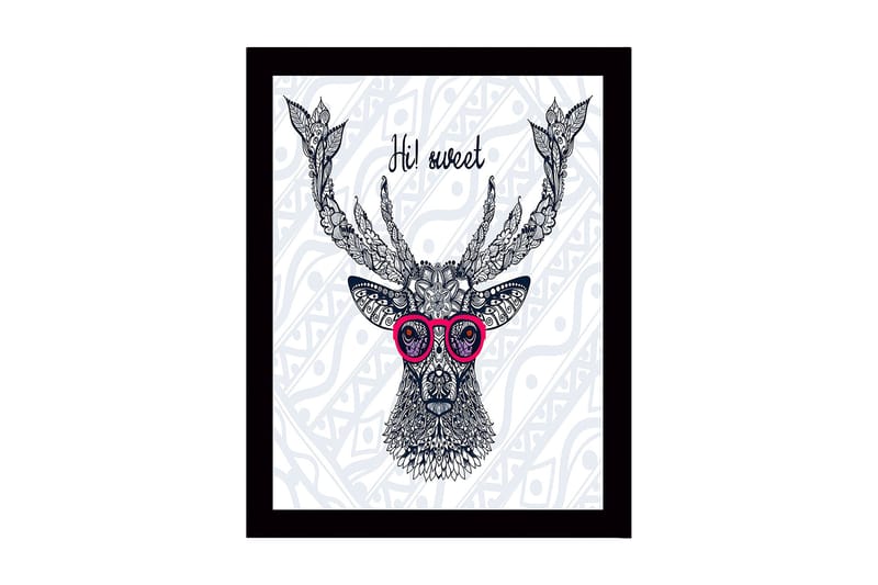 Indrammet lærredstryk i træ - 41x56 cm - Smuk hjort med briller og detaljeret mønster, Mørkeblå / Pink / Hvid