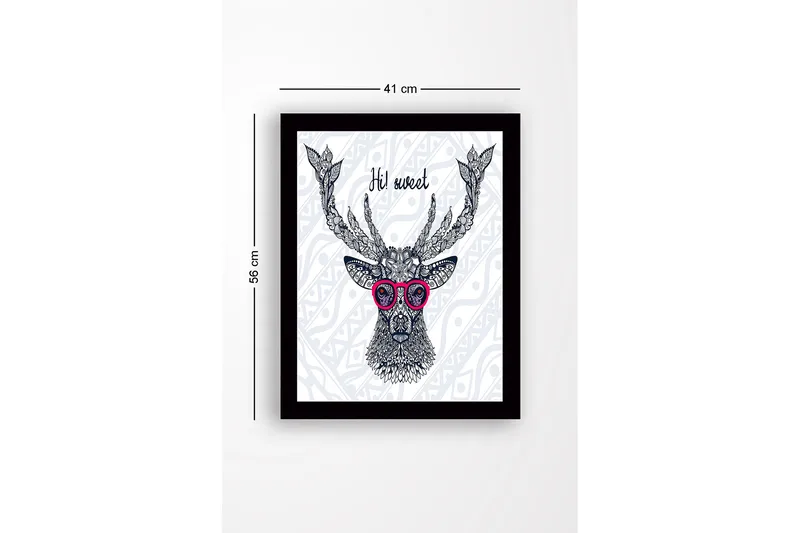 Indrammet lærredstryk i træ - 41x56 cm - Smuk hjort med briller og detaljeret mønster - Mørkeblå / Pink / Hvid - Boligtilbehør - Billeder & kunst
