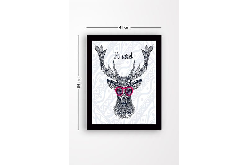 Indrammet lærredstryk i træ - 41x56 cm - Smuk hjort med briller og detaljeret mønster - Mørkeblå / Pink / Hvid - Boligtilbehør - Billeder & kunst