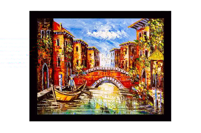 Indrammet lærredstryk i træ - 41x56 cm - Smuk kanal med farverige bygninger og en bro, Rød / Grøn / Blå