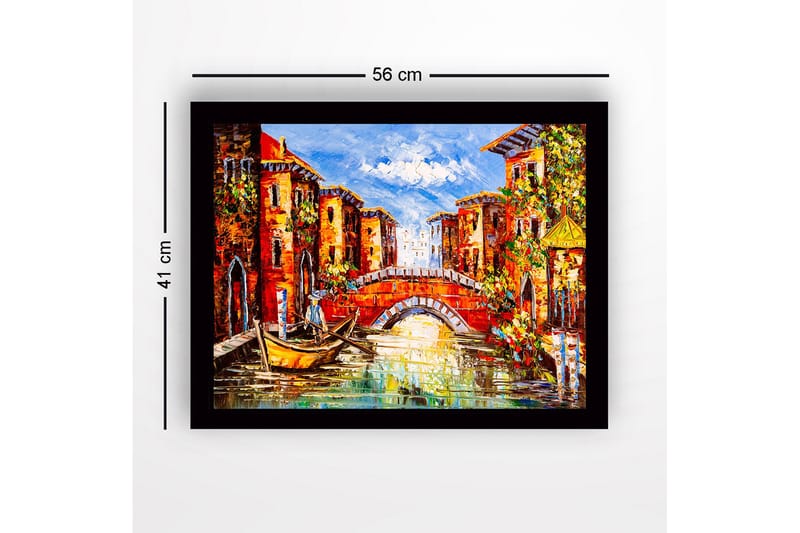 Indrammet lærredstryk i træ - 41x56 cm - Smuk kanal med farverige bygninger og en bro - Rød / Grøn / Blå - Boligtilbehør - Billeder & kunst