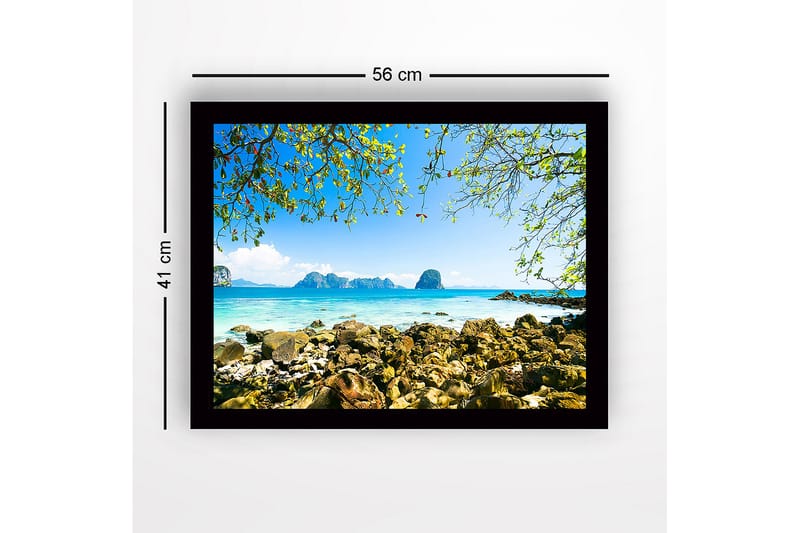 Indrammet lærredstryk i træ - 41x56 cm - Smuk kystlinje med klipper og klart blåt hav - Blå / Grøn / Beige - Boligtilbehør - Billeder & kunst