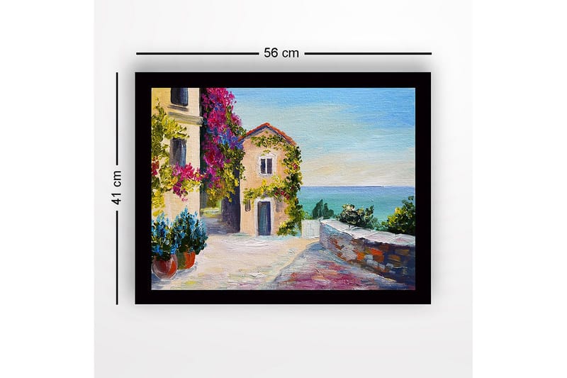 Indrammet lærredstryk i træ - 41x56 cm - Smuk kystudsigt med blomster og en malerisk bygning - Lilla / Grøn / Blå - Boligtilbehør - Billeder & kunst
