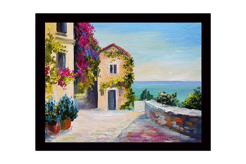 Indrammet lærredstryk i træ - 41x56 cm - Smuk kystudsigt med blomster og en malerisk bygning, Lilla / Grøn / Blå