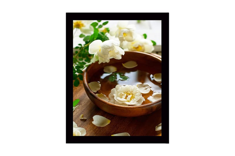 Indrammet lærredstryk i træ - 41x56 cm - Smuk skål med svævende blomster og kronblade, Hvid / Grøn / Brun